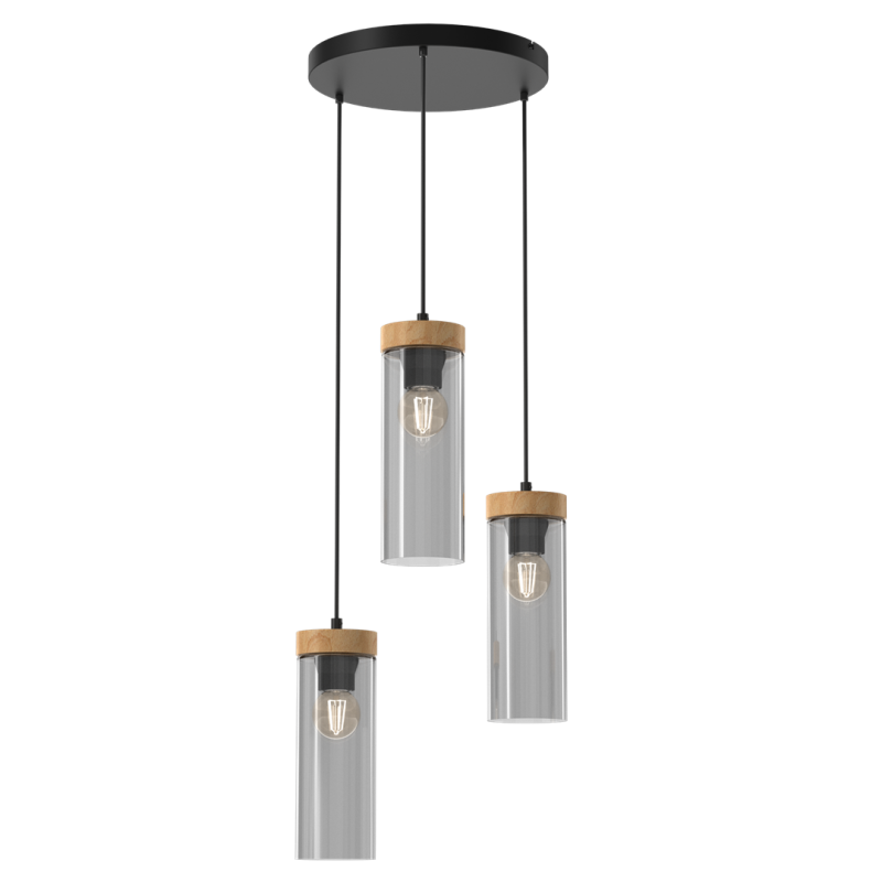 Suspension ELICA 3 tubes verre fumé détail bois E27 base ronde métal noir Industriel 