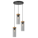 Suspension ELICA 3 tubes verre fumé détail bois E27 base ronde métal noir Industriel 
