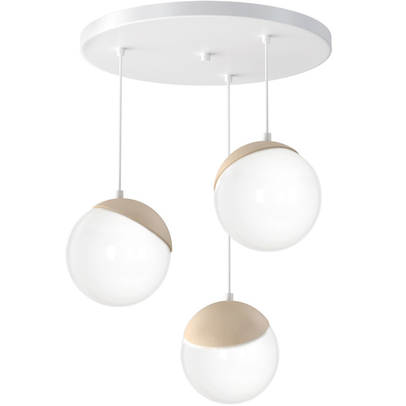 Suspension SPARTA 3 boules bois et verre blanc E14 base ronde métal blanc Design chic 