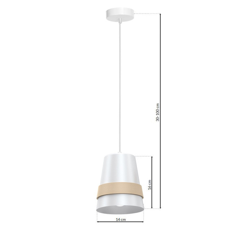 Suspension VENEZIA abat-jour conique métal blanc et bois E27 Scandinave 