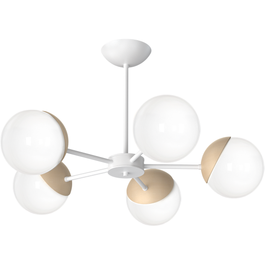 Plafonnier SFERA 5 branches étoile atome métal blanc boules bois et verre blanc E14 Design chic 
