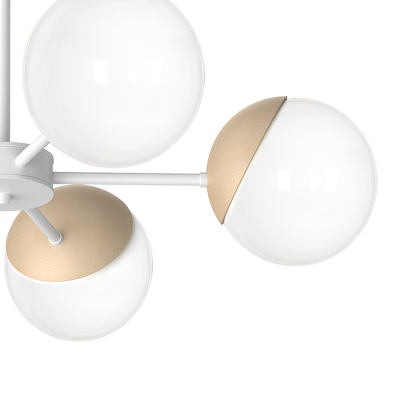 Plafonnier SFERA 5 branches étoile atome métal blanc boules bois et verre blanc E14 Design chic 