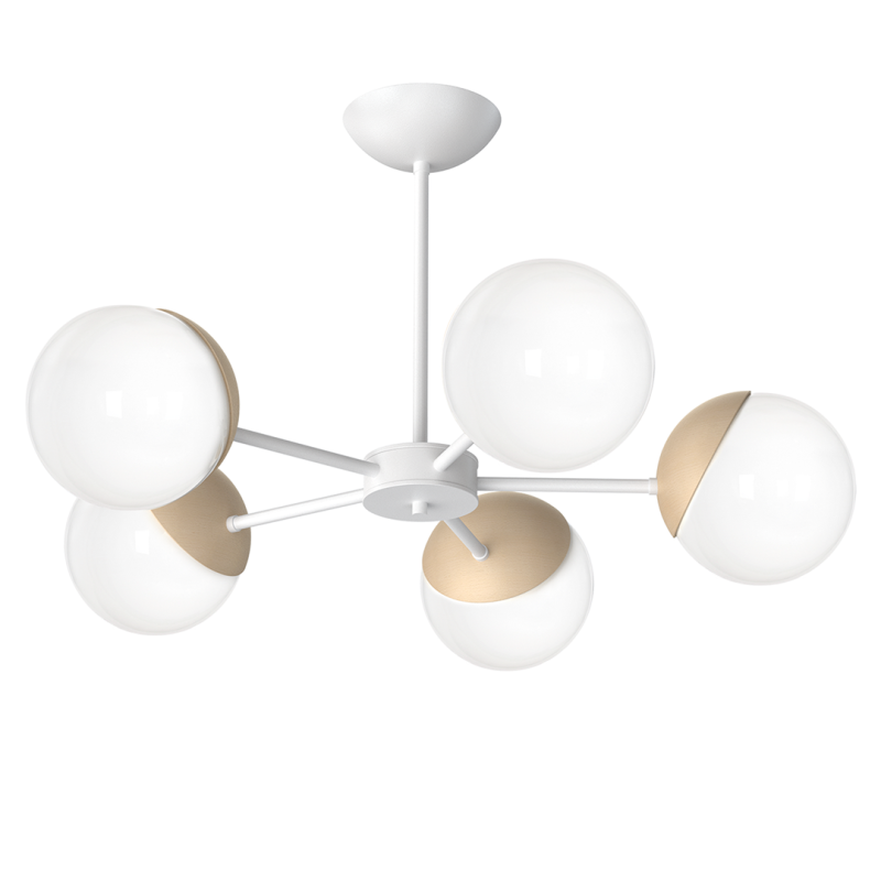 Plafonnier SFERA 5 branches étoile atome métal blanc boules bois et verre blanc E14 Design chic 