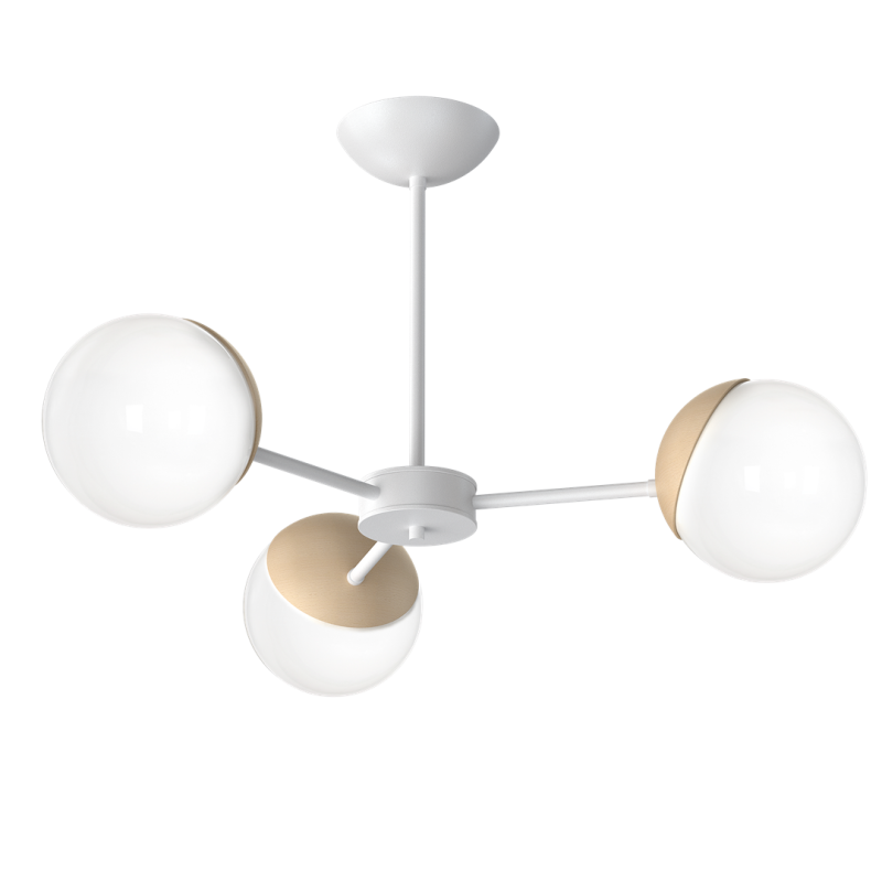 Plafonnier SFERA 3 branches étoile atome métal blanc boules bois et verre blanc E14 Design chic 