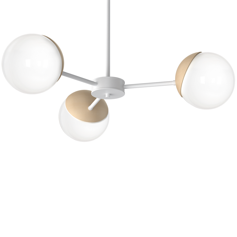 Plafonnier SFERA 3 branches étoile atome métal blanc boules bois et verre blanc E14 Design chic 