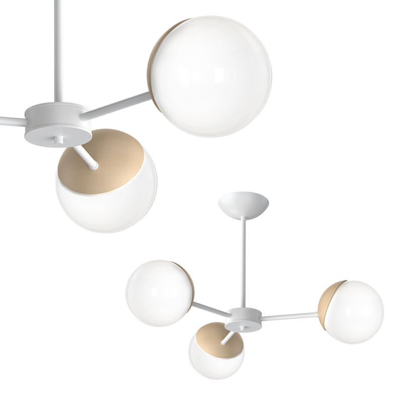 Plafonnier SFERA 3 branches étoile atome métal blanc boules bois et verre blanc E14 Design chic 