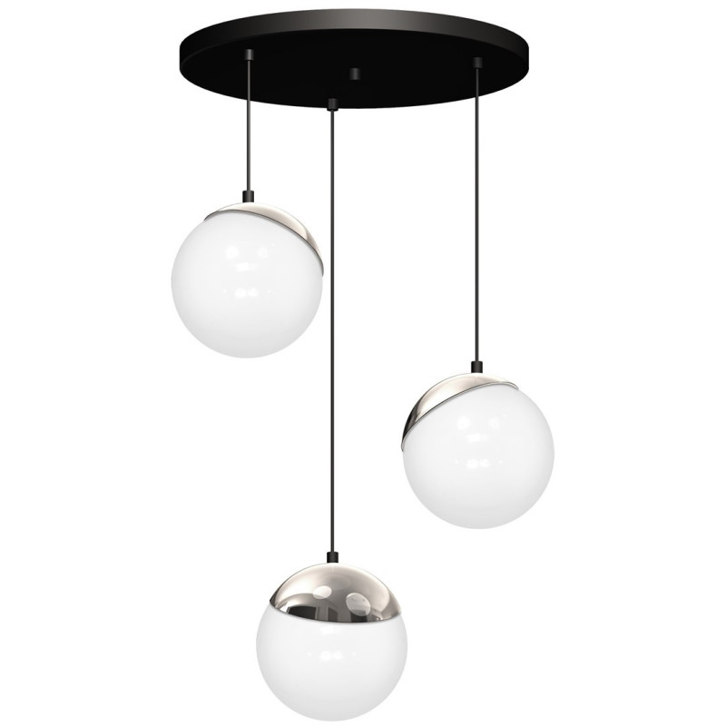 Suspension SPARTA 3 boules dorées verre blanc E14 base ronde métal noir Design chic 