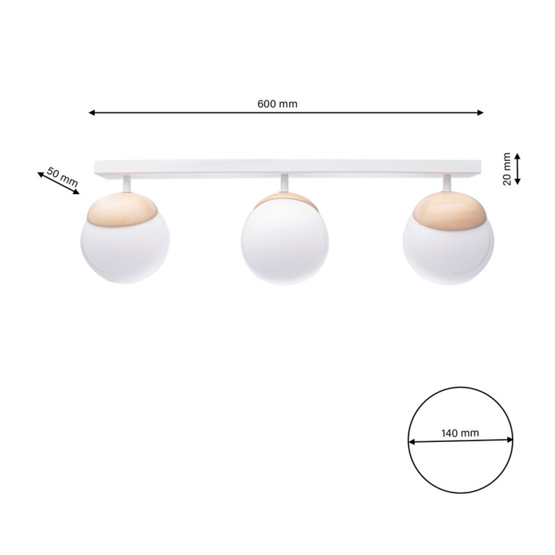 Plafonnier SFERA 3 boules alignées bois et verre blanc E14 base métal blanc Design chic 