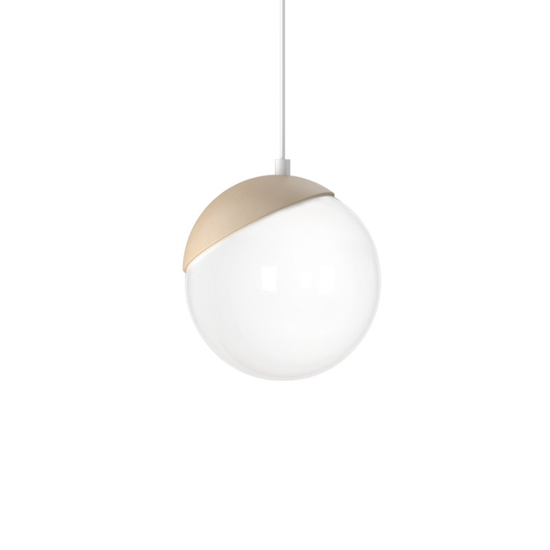 Suspension SFERA boule bois et verre blanc E14 base métal blanc Design chic 