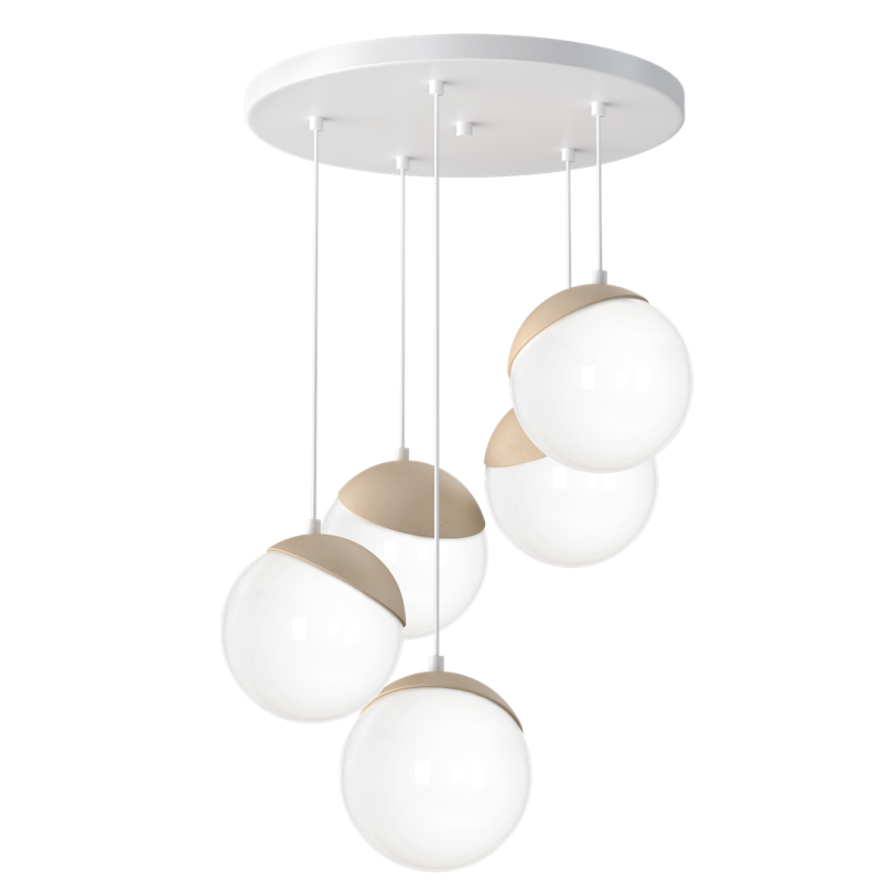 Suspension SPARTA 5 boules bois et verre blanc E14 base ronde métal blanc Design chic 