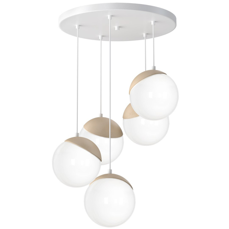 Suspension SPARTA 5 boules bois et verre blanc E14 base ronde métal blanc Design chic 