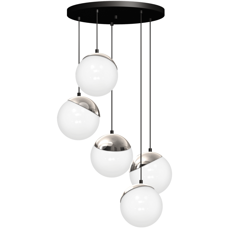 Suspension SPARTA 5 boules dorées verre blanc E14 base ronde métal noir Design chic 