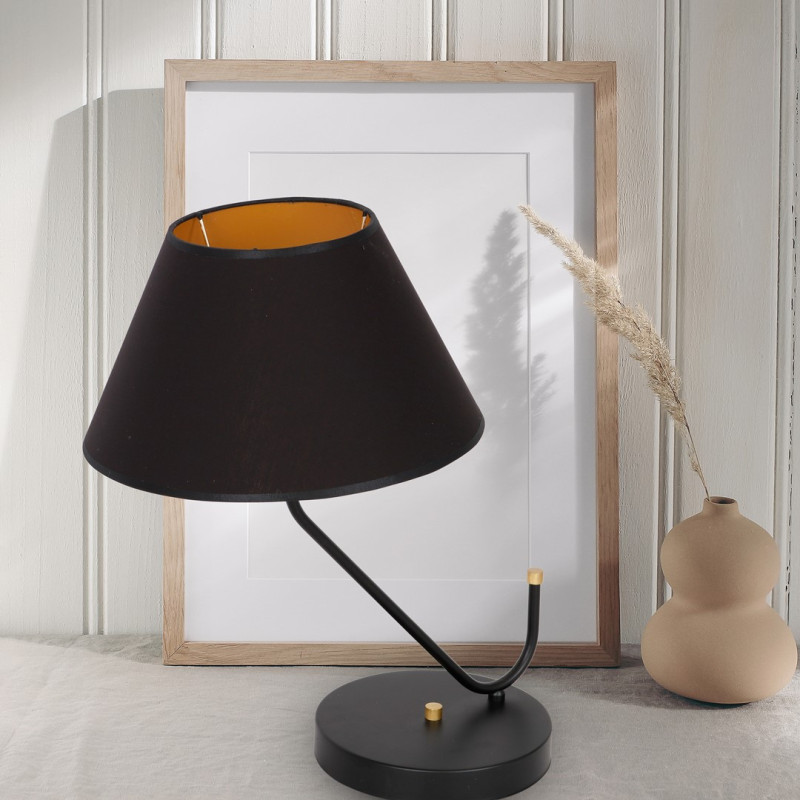 Lampe à poser VICTORIA abat-jour tissu noir intérieur doré E27 Design chic 