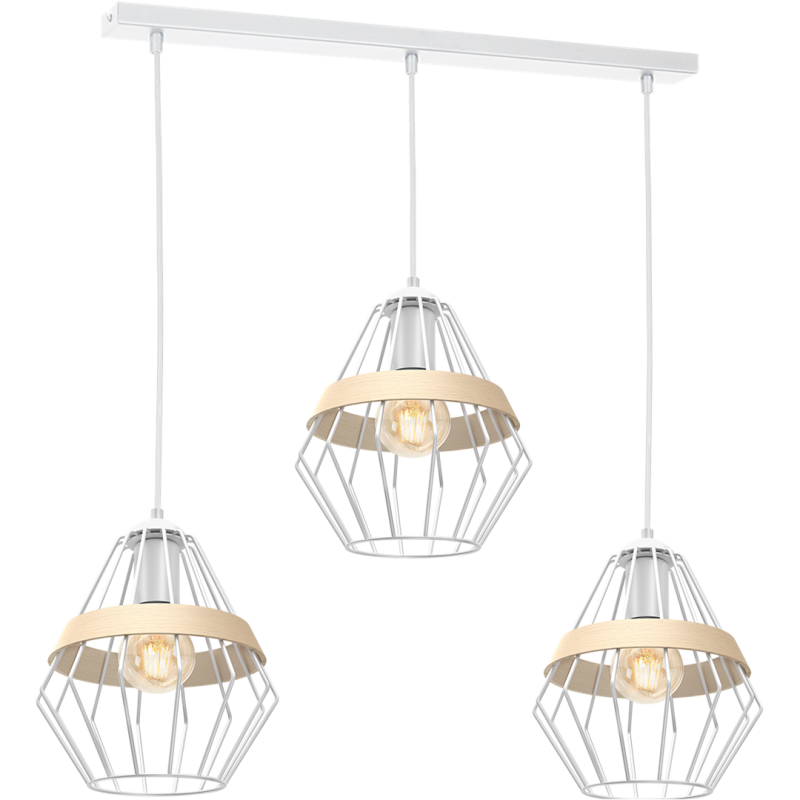 Suspension CLIFF 3 cages forme diamant métallique blanc et bois E27 Bohème 