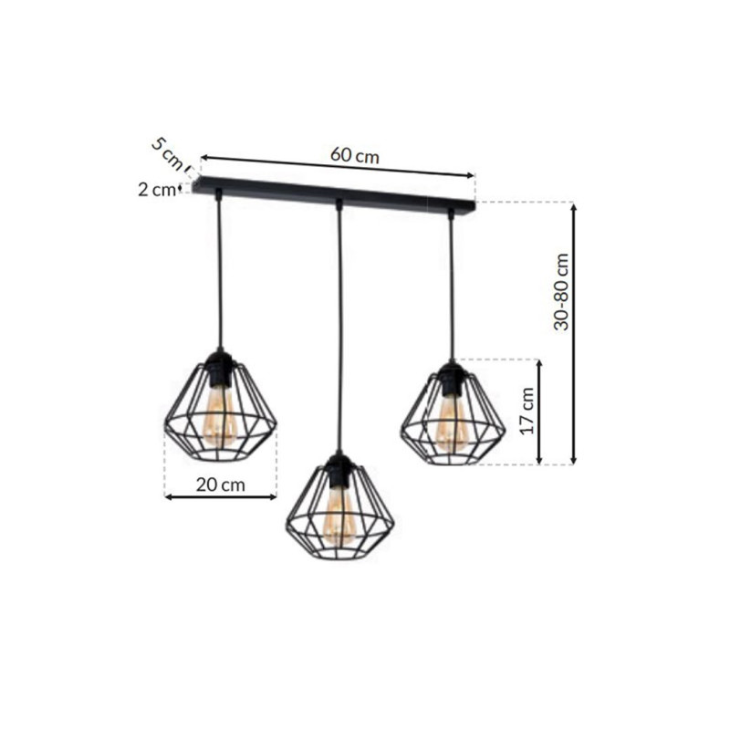 Suspension COLIN 3 cages forme diamant métallique noir E27 Bohème 