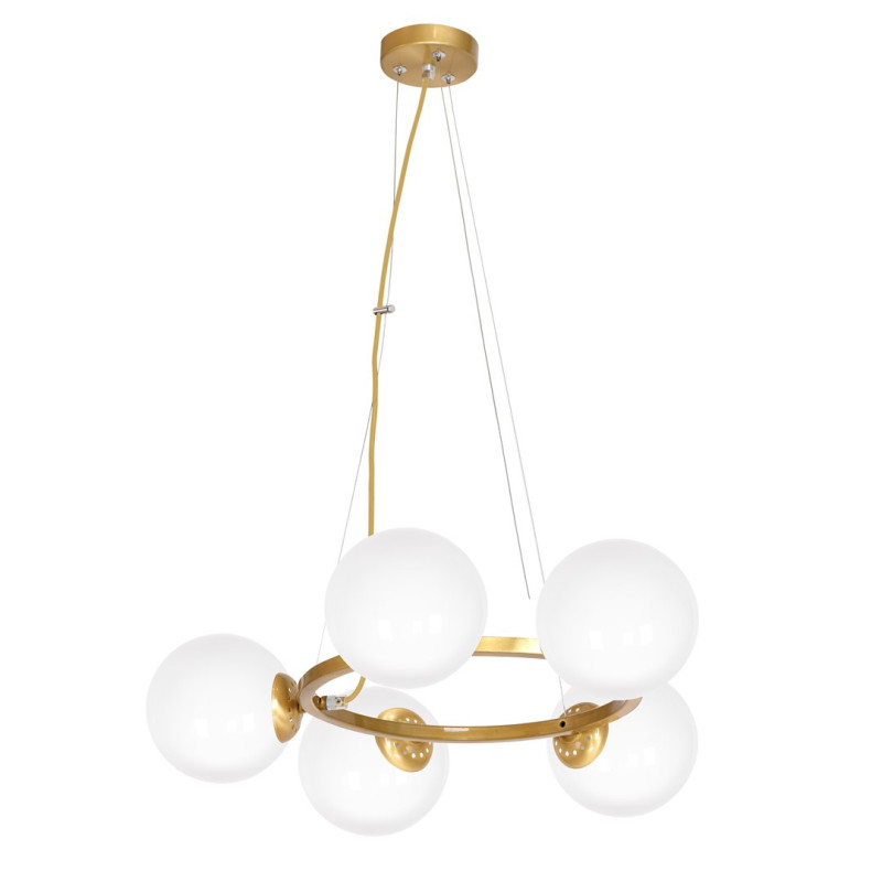 Suspension VIENNA anneau métal laiton horizontal 5 abat-jour boule verre blanc E14 Bohème 