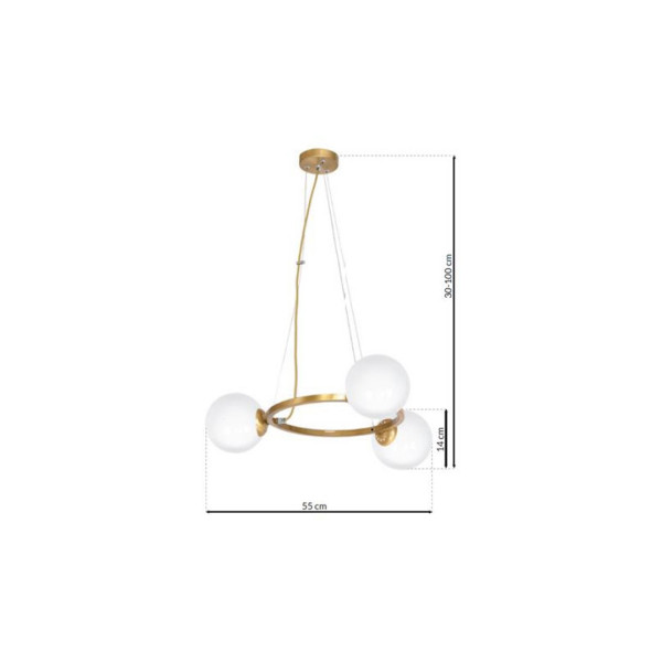 Suspension VIENNA anneau métal laiton horizontal 3 abat-jour boule verre blanc E14 Bohème 