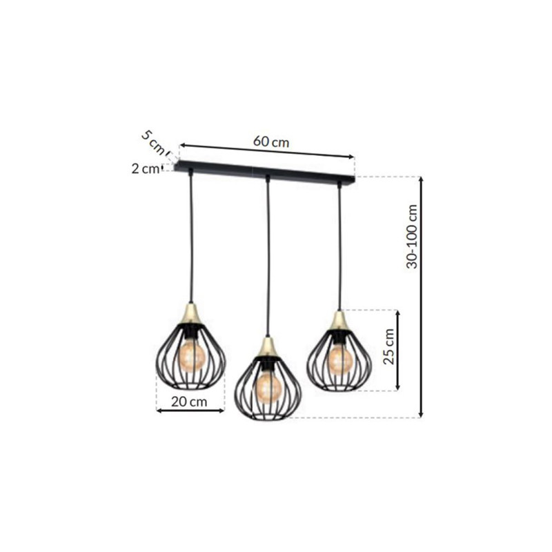 Suspension KANE 3 cages forme poire métallique noir et bois E27 Bohème 