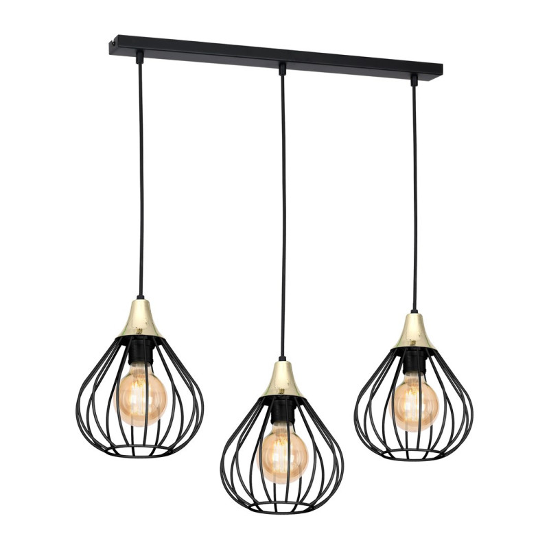 Suspension KANE 3 cages forme poire métallique noir et bois E27 Bohème 