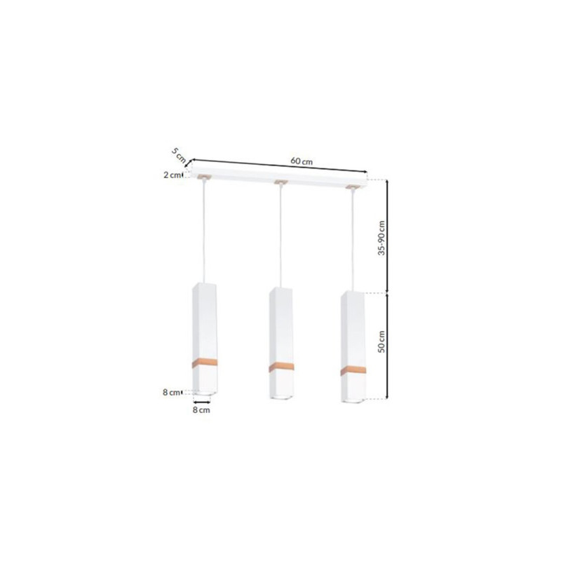 Suspension VIDAR 3 tubes rectangle métal blanc bande bois GU10 