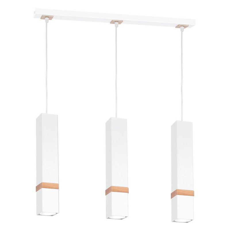 Suspension VIDAR 3 tubes rectangle métal blanc bande bois GU10 