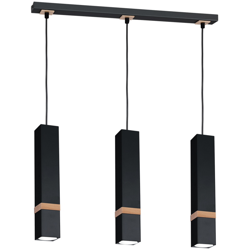 Suspension VIDAR 3 tubes rectangle métal noir bande bois GU10 