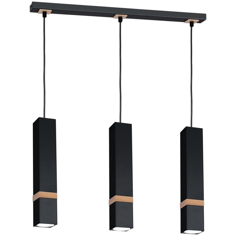 Suspension VIDAR 3 tubes rectangle métal noir bande bois GU10 