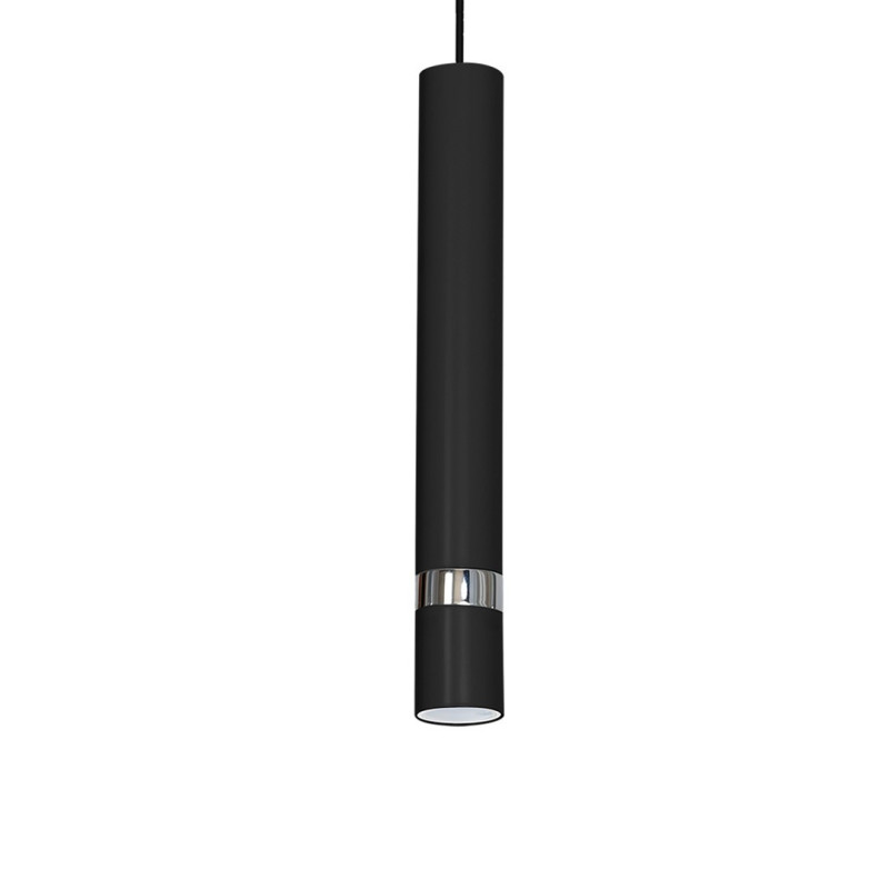 Suspension JOKER tube métal noir anneau chromé GU10 Minimaliste 