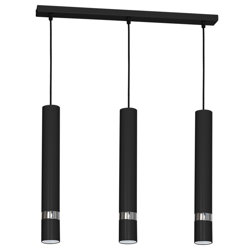 Suspension JOKER 3 tubes alignés métal noir anneau chromé GU10 Minimaliste 