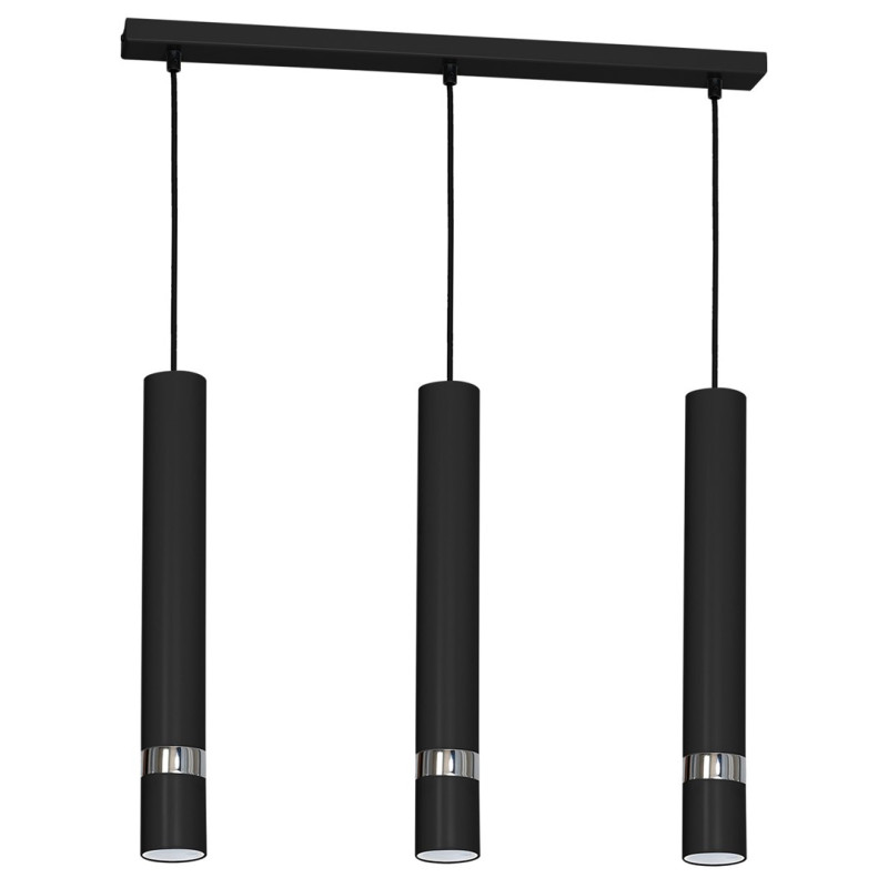 Suspension JOKER 3 tubes alignés métal noir anneau chromé GU10 Minimaliste 