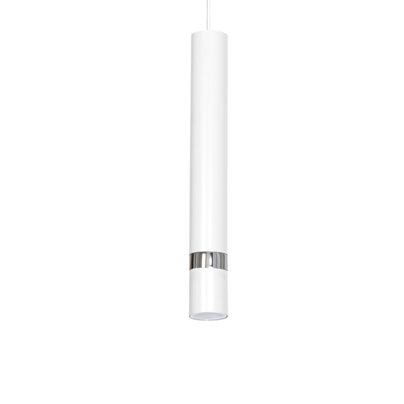 Suspension JOKER tube métal blanc anneau chromé GU10 Minimaliste 