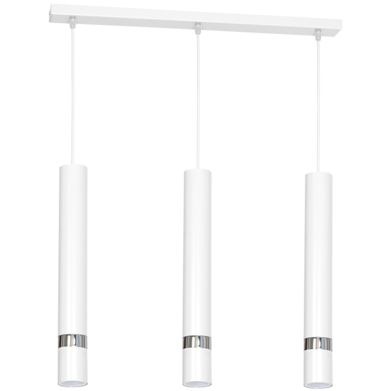 Suspension JOKER 3 tubes alignés métal blanc anneau chromé GU10 Minimaliste 