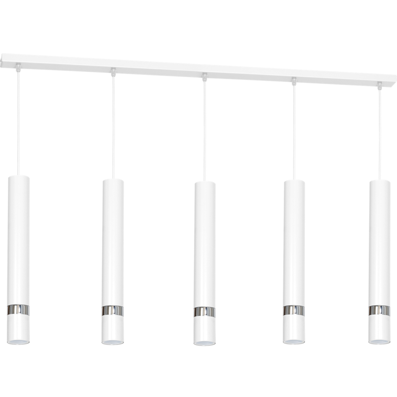 Suspension JOKER 5 tubes alignés métal blanc anneau chromé GU10 Minimaliste 