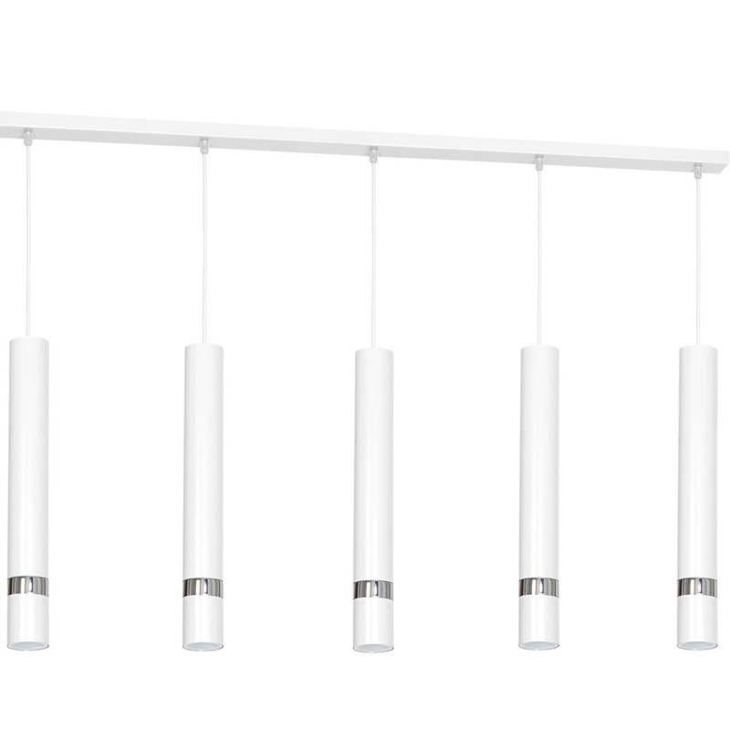 Suspension JOKER 5 tubes alignés métal blanc anneau chromé GU10 Minimaliste 