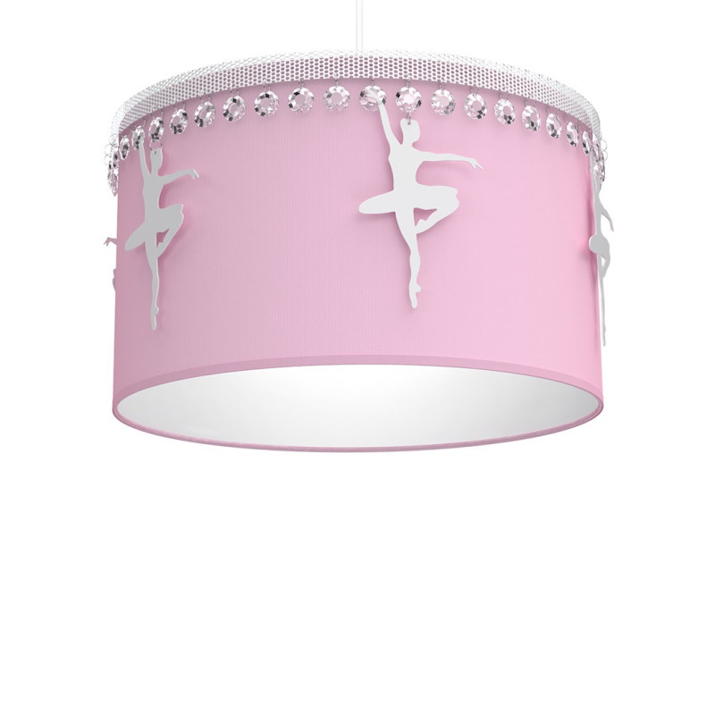 Suspension BALETNICA abat-jour tissu Rose Danseuse ballerine métal blanc et cristaux E27 Enfant 