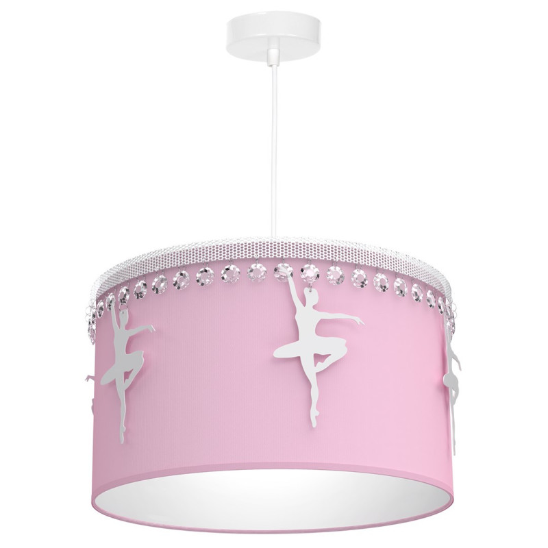 Suspension BALETNICA abat-jour tissu Rose Danseuse ballerine métal blanc et cristaux E27 Enfant 