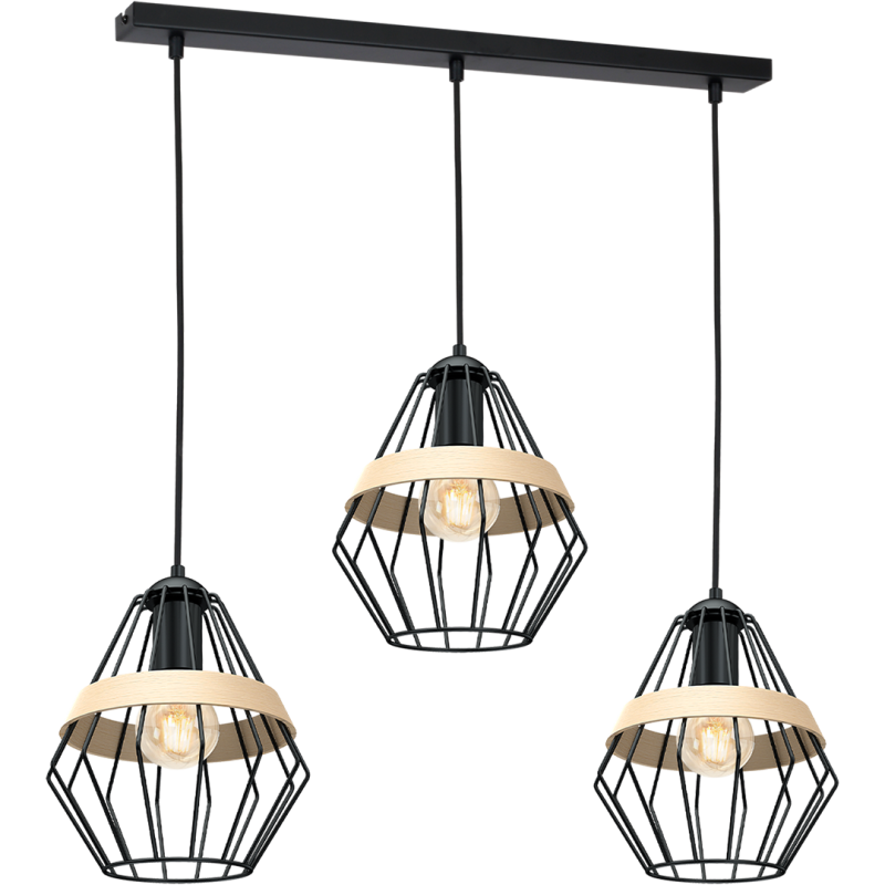 Suspension CLIFF 3 cages forme diamant métallique noir et bois E27 Bohème 