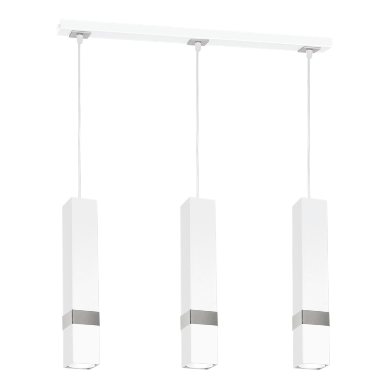 Suspension VIDAR 3 tubes rectangle métal blanc bande chromé GU10 