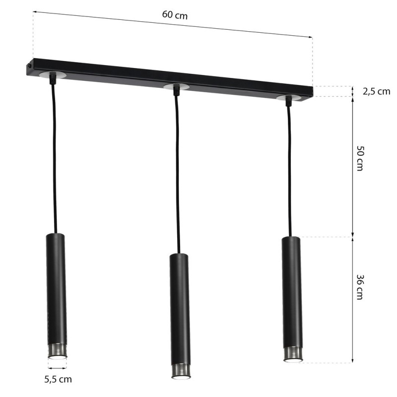 Suspension DANI 3 tubes métal noir et chromé miniGU10 Industriel 