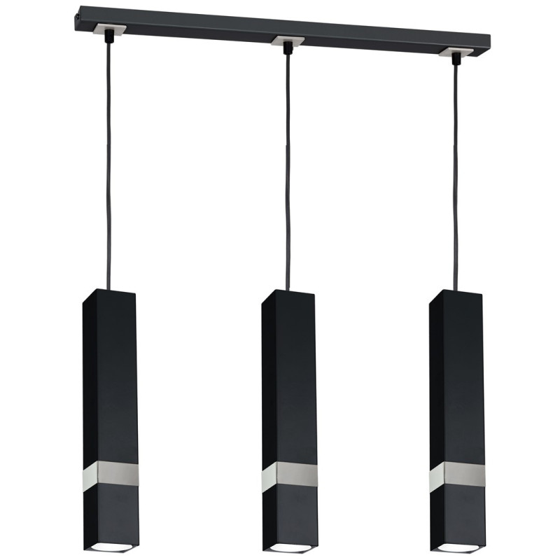 Suspension VIDAR 3 tubes rectangle métal noir bande chromé GU10 