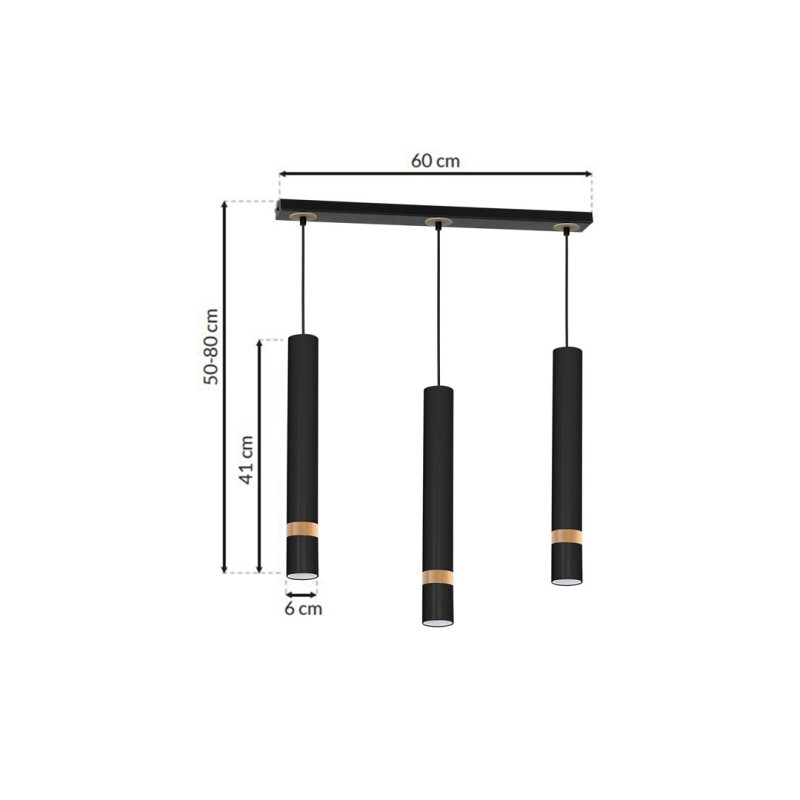 Suspension JOKER 3 tubes alignés métal noir anneau bois GU10 Minimaliste 