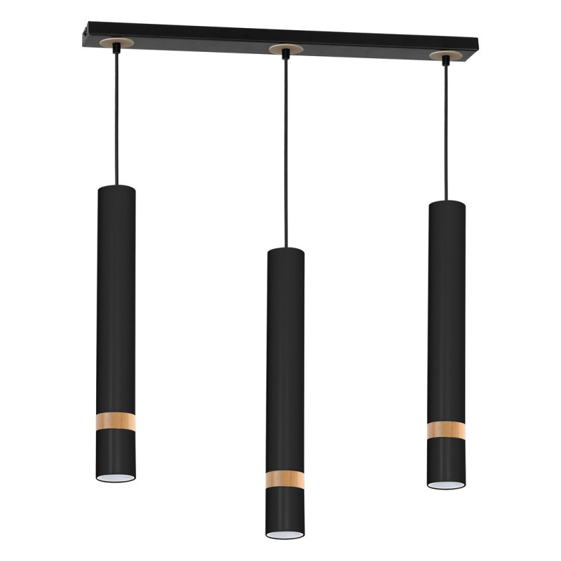 Suspension JOKER 3 tubes alignés métal noir anneau bois GU10 Minimaliste 