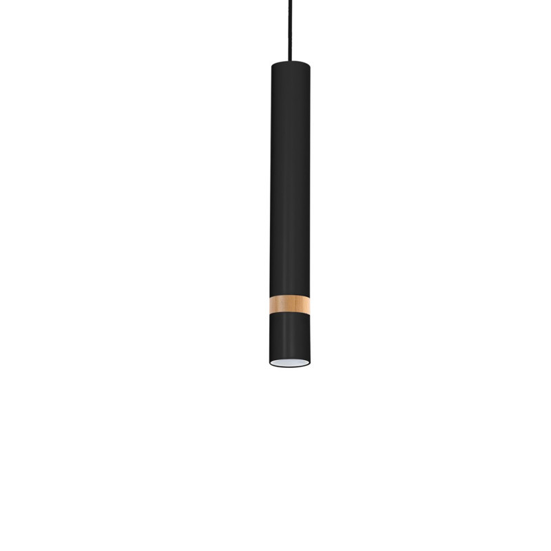 Suspension JOKER tube métal noir anneau bois GU10 Minimaliste 