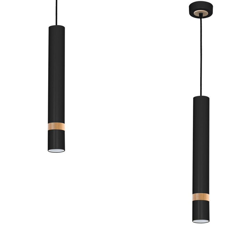 Suspension JOKER tube métal noir anneau bois GU10 Minimaliste 