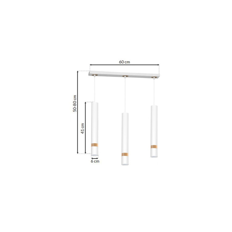 Suspension JOKER 3 tubes alignés métal blanc anneau bois GU10 Minimaliste 