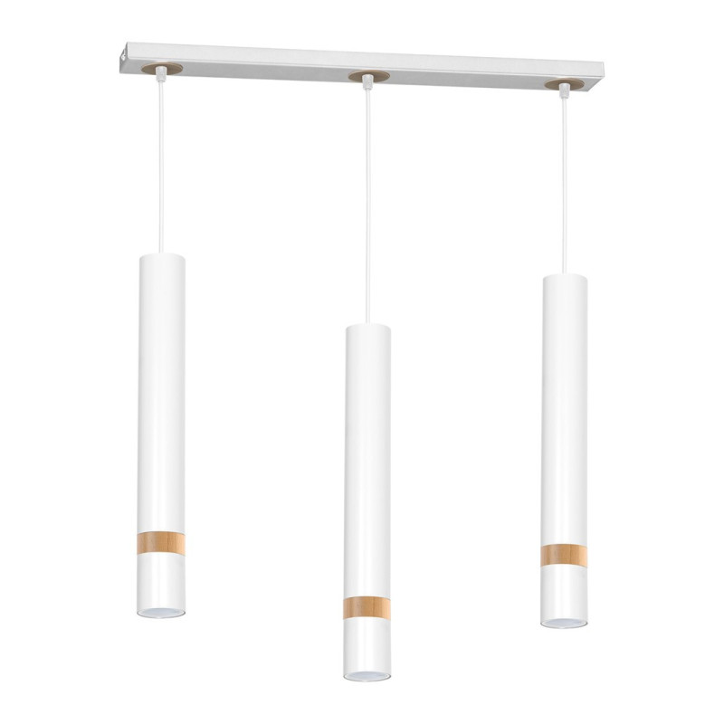 Suspension JOKER 3 tubes alignés métal blanc anneau bois GU10 Minimaliste 