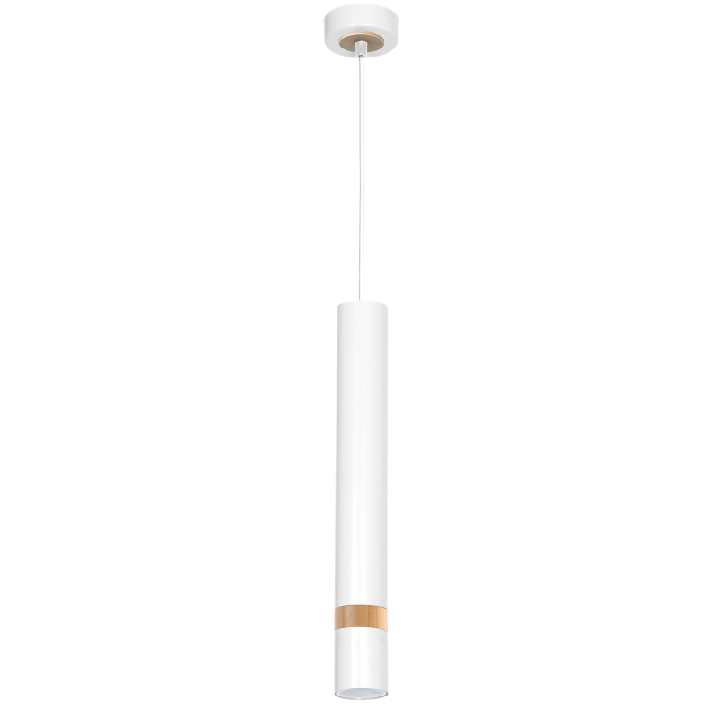 Suspension JOKER tube métal blanc anneau bois GU10 Minimaliste 