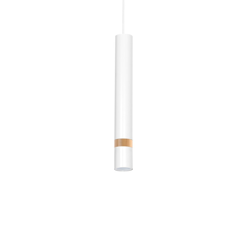 Suspension JOKER tube métal blanc anneau bois GU10 Minimaliste 