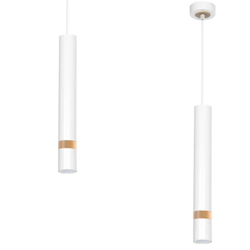 Suspension JOKER tube métal blanc anneau bois GU10 Minimaliste 