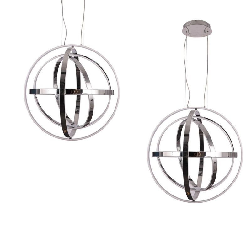 Suspension COPERNICUS effet orbite 5 anneaux alu chromé LED 260W blanc chaud 3000k 5500Lm Design chic 